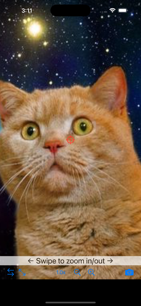 Zoom Camera :InfiniTelescope - A screenshot of the InfiniTelescope app showing a zoomed in cat face with a red target and zoom controls.