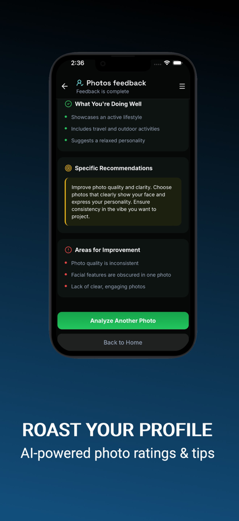 FlirtUp AI Dating Coach & Rizz - FlirtUp AI app interface showing detailed dating profile photo feedback and improvement tips