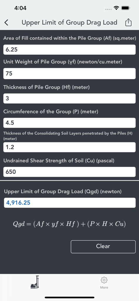 Upper Limit of Group Drag Load calculator screen in the Pile and Piling Calculator mobile app showing input fields and formula