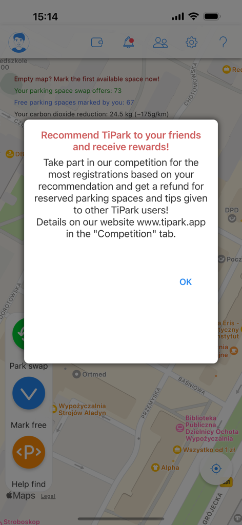 TiPark - TiParkアプリの紹介プログラムポップアップ。推奨に対する報酬を提供。