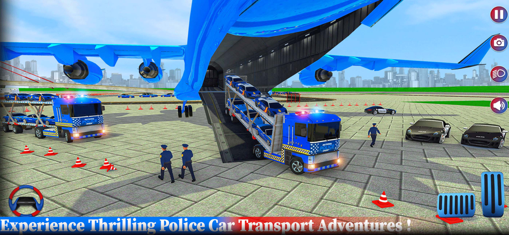 Police Car Transporter Game 3D - A large blue cargo plane being loaded with police car transporter trucks on an airport tarmac