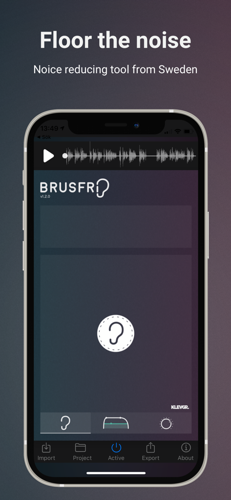 Brusfri - Brusfri mobile app interface for audio noise reduction showing the ear icon learn button and sound waveform
