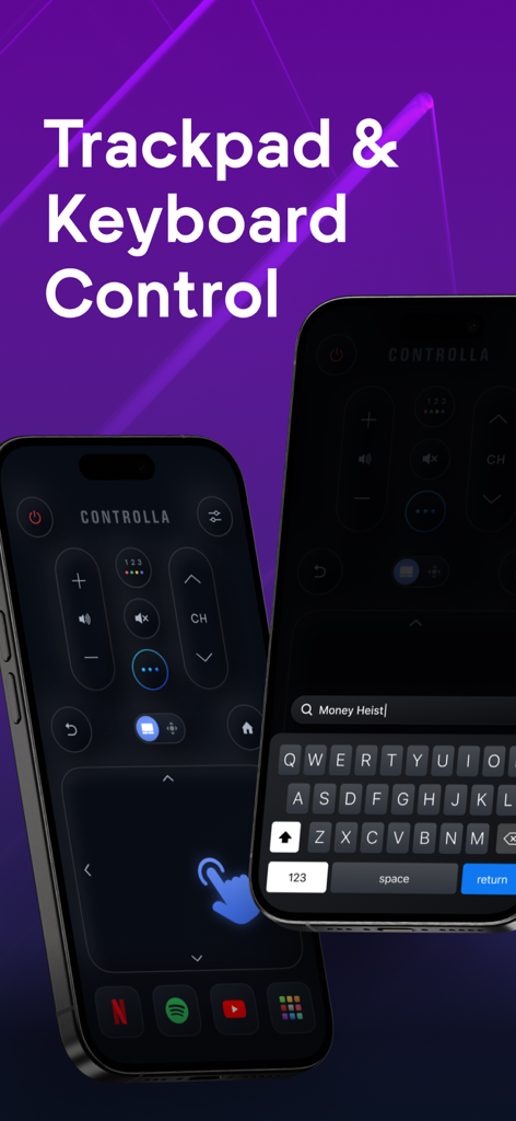 Interface de l'application Controlla avec des contrôles trackpad et clavier pour les TV Samsung
