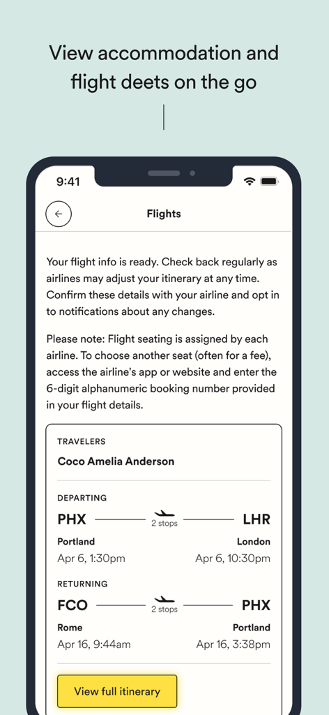 EF Ultimate Break app showing flight departure and return details for a traveler