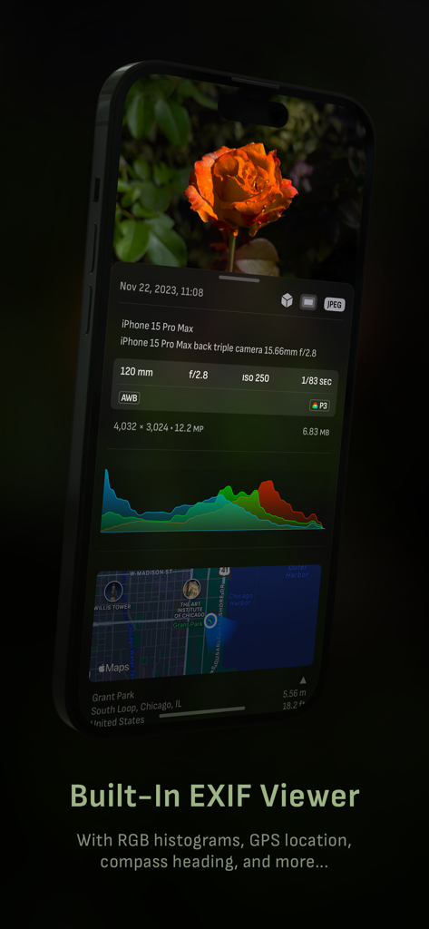 Camera M App-Oberfläche zeigt detaillierte EXIF-Metadaten und GPS-Standort für ein Foto.