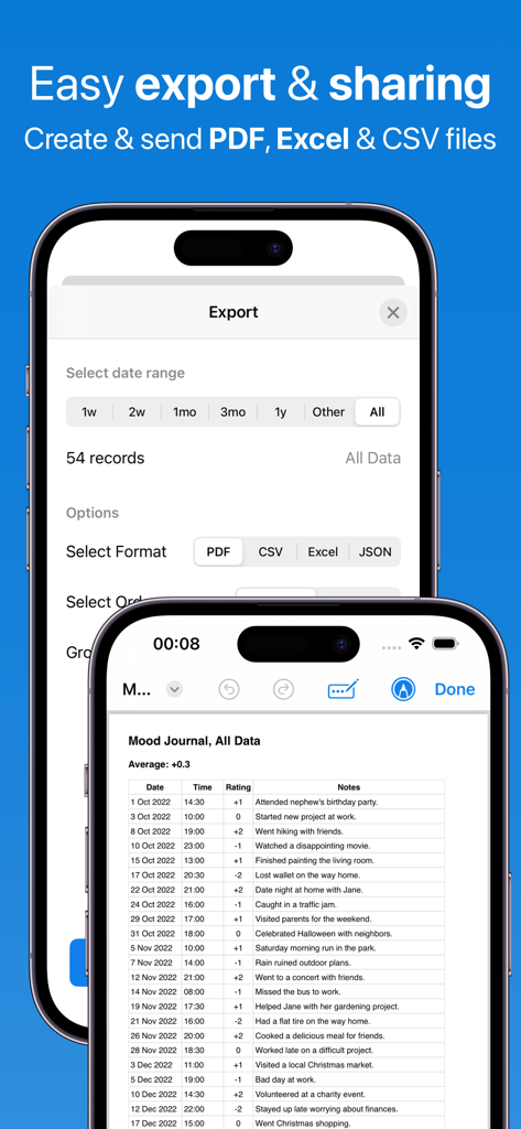 Interface of the Feeltracker app showing options to export mood journal data into PDF, Excel, and CSV formats for sharing with therapists.
