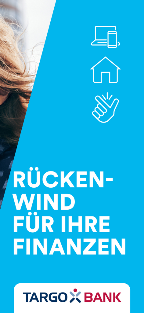 Promotional banner for TARGOBANK Banking app with German text meaning Tailwind for your finances and icons for digital banking and housing.