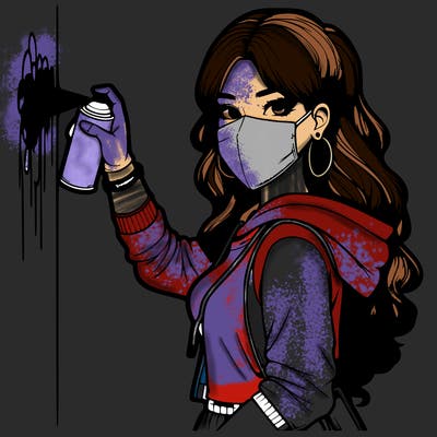 realistic girl with mask spray painting a wall