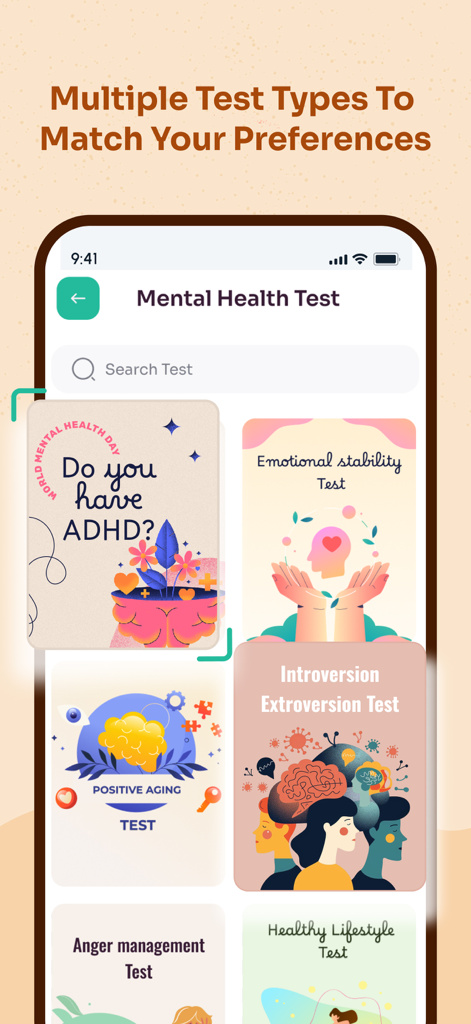 Mental Health - Self Care - Una interfaz de aplicación móvil que muestra varias pruebas de salud mental y autodescubrimiento, incluidas evaluaciones de TDAH y estabilidad emocional.