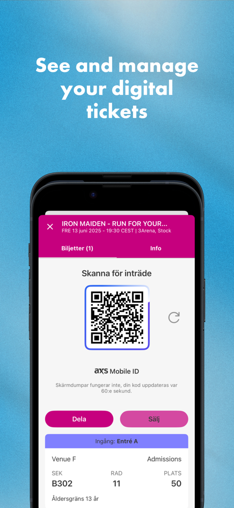 Pantalla de iPhone que muestra una entrada digital con un código QR para un concierto de Iron Maiden en la aplicación Stockholm Live