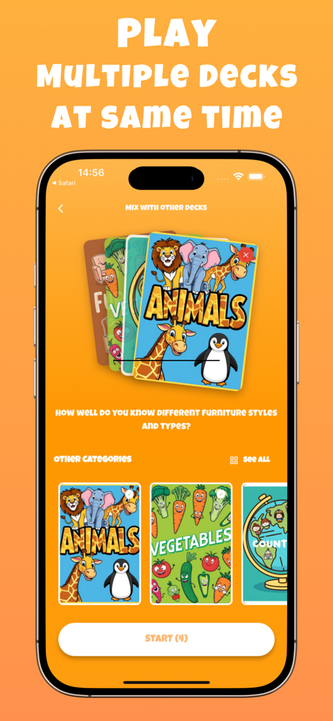 Charades : Guess & Party Game - Una pantalla móvil que muestra la opción de jugar varios mazos de charadas a la vez, incluyendo Animales y Verduras