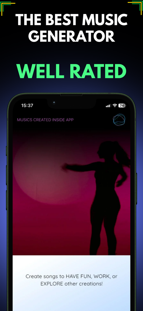 Music Creator AI - Advanced - Capture d'écran de l'application Music Creator AI la présentant comme le meilleur générateur de musique noté avec un arrière-plan de silhouette dansante.