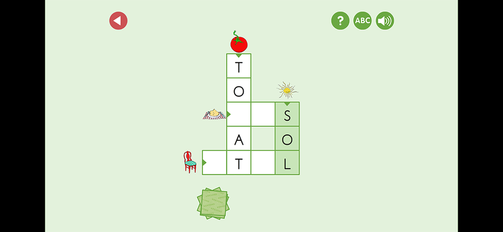 Una pantalla de crucigrama sueco para niños con palabras como Tomat y Sol con ilustraciones sencillas