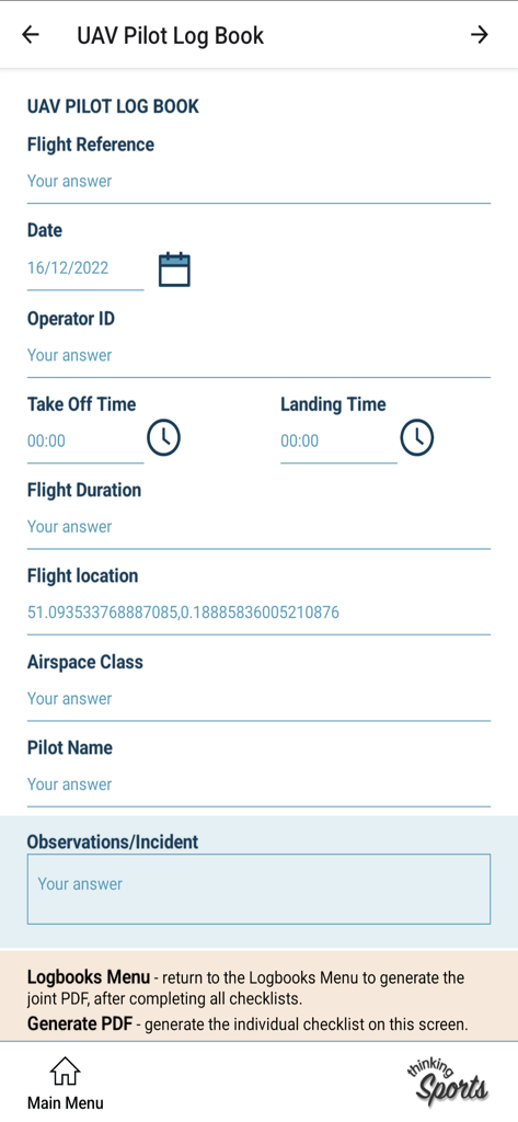Digital logbook form for recording drone flight data and operator details