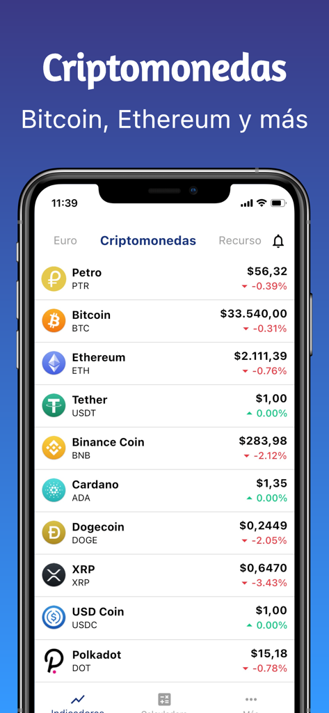 Lista de precios de criptomonedas en tiempo real incluyendo Bitcoin y Ethereum en la app Criptodolar