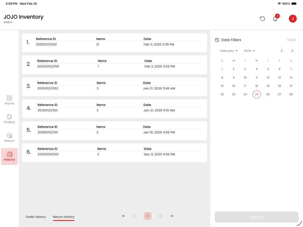 JOJO HotPot Inventory - JOJO HotPot Inventoryアプリの返品履歴画面。IDリストとカレンダー日付フィルターがiPadに表示されています。
