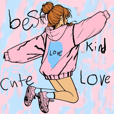 realistic girl jumping with a bun and oversized sweatshirt