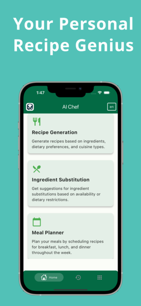 Interfaz de la aplicación Chef IA que muestra la generación de recetas y funciones de planificación de comidas en una pantalla móvil