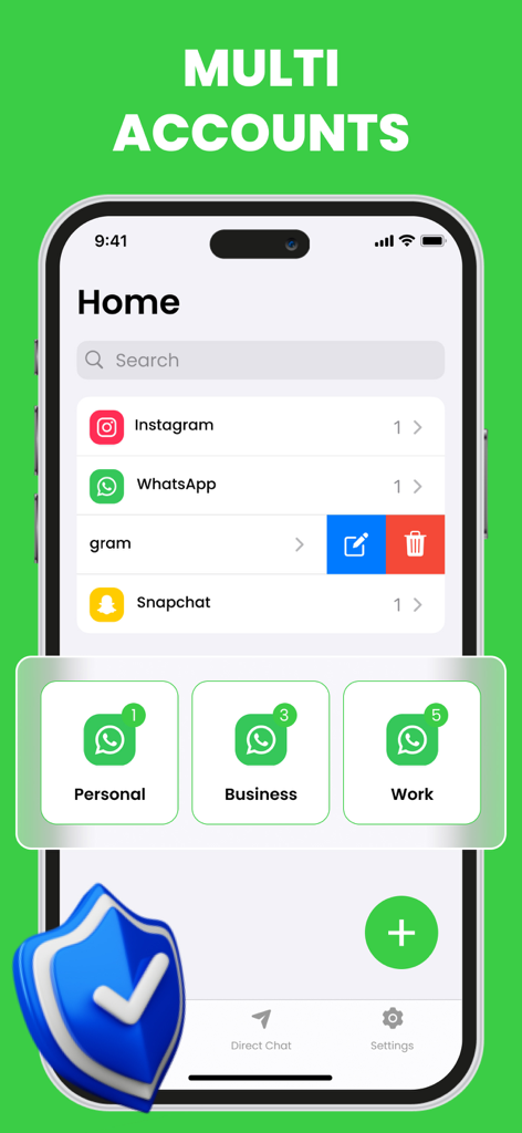 Interfaz de la aplicación Dual Space Pro mostrando múltiples cuentas de WhatsApp clonadas para uso personal, de negocios y laboral