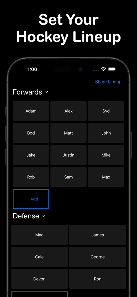 A smartphone showing the Hockey Liney app interface for organizing forward and defense player lineups.