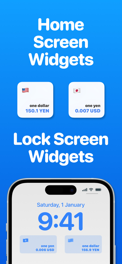 Yen to USD Currency Converter - Yen to USD currency converter showing home screen and lock screen widgets on an iPhone