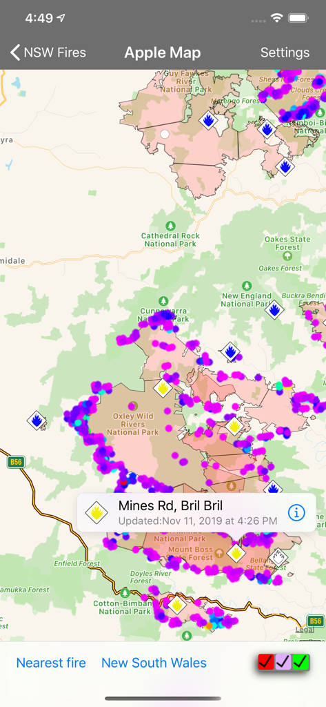 Screenshot of the NSW Fires mobile app showing an interactive map with fire locations and alerts in New South Wales