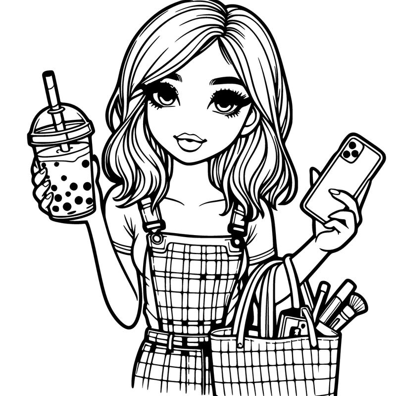 one realistic girl holding a boba drink with a tote bag and make up and a phone coming out of it