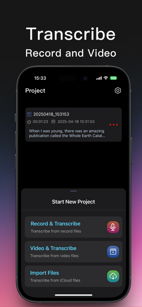 Transcribe - Voice to Text App - Main screen of the Transcribe app displaying options for recording and transcribing voice and video