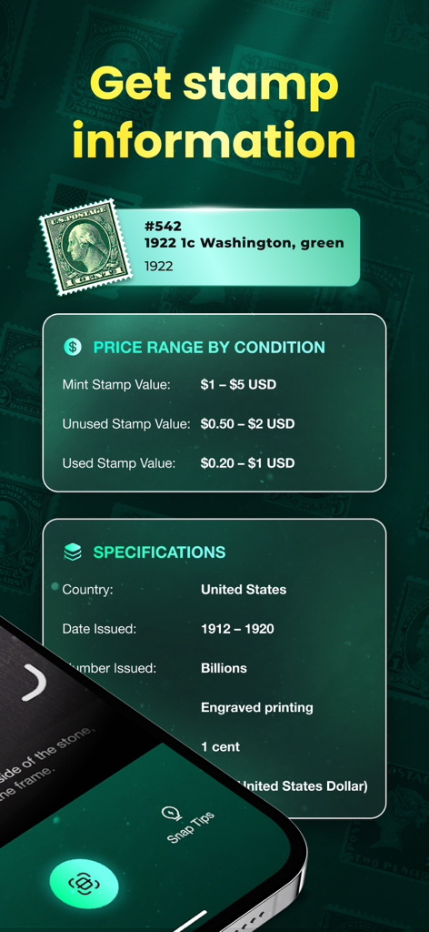 Interface of the Stamp Identifier app showing estimated values and technical specifications for a 1922 US Washington stamp.