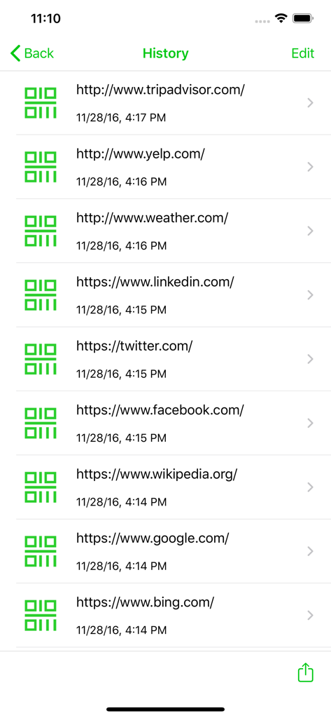 Screenshot of the QR code scanner history page showing a list of scanned website URLs and timestamps