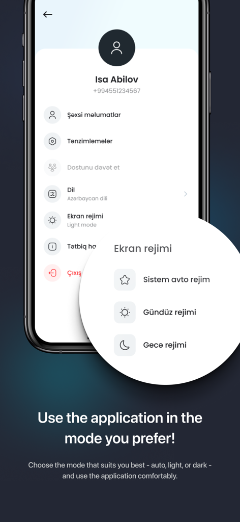 Schermata dell'app del portafoglio elettronico MPAY che mostra le opzioni della modalità di visualizzazione per temi chiari e scuri.