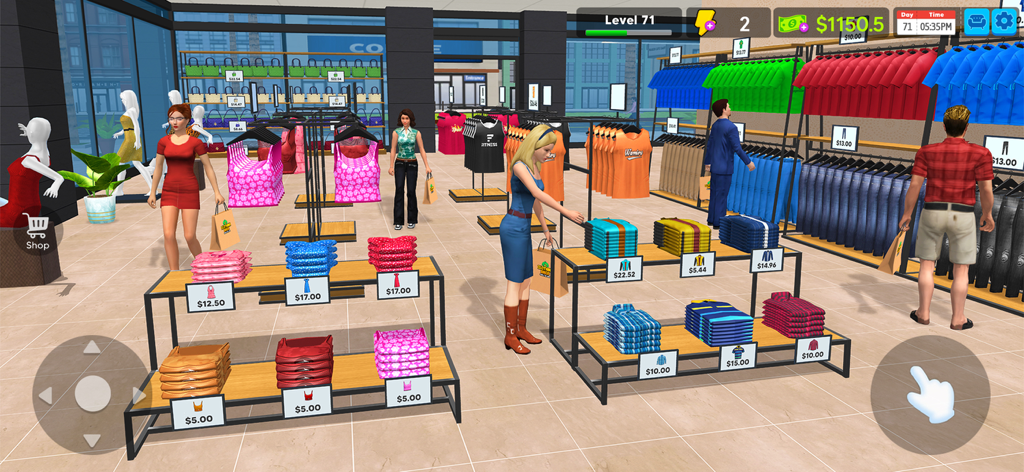 Garments Wear - Manage A Shop - Vista interior de una tienda de ropa organizada en un simulador de gestión de tiendas que muestra estantes de prendas y clientes.
