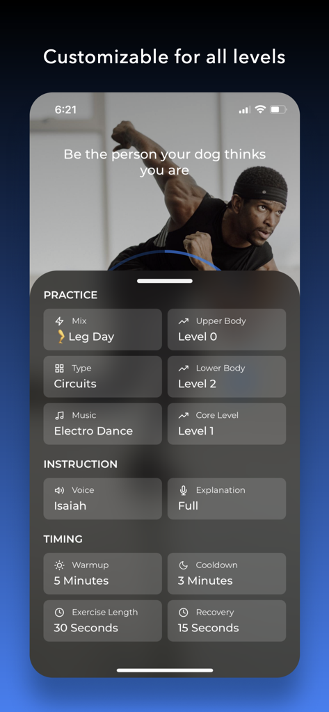 HIIT | Down Dog - Interface for customizing workout levels and timing in the HIIT Down Dog app