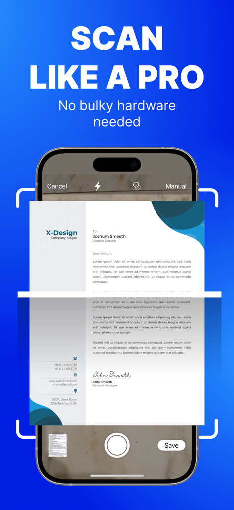 Smart Printer Wireless: iPrint - Interfaccia dell'iPhone che mostra un documento professionale in fase di scansione con rilevamento automatico dei bordi