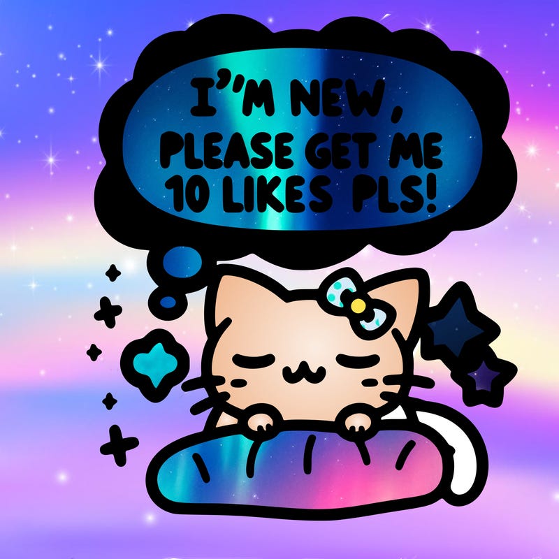 kitty taking a nap dream talking and saying "i'm new, please get me at least 10 likes pls!!"