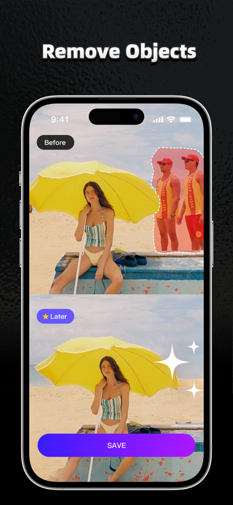 AI Marvels - AI Photo Editor - Comparação antes e depois da remoção de pessoas indesejadas de uma foto de praia usando a ferramenta de remoção de objetos do AI Marvels.