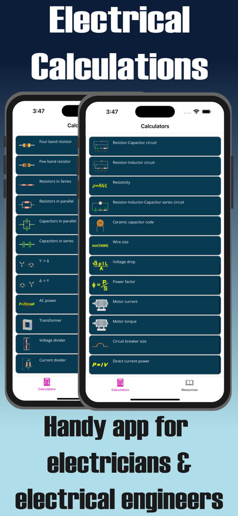 ElectricCalc Pro - Interfaz de la aplicación móvil ElectricCalc Pro que muestra una lista de calculadoras eléctricas profesionales
