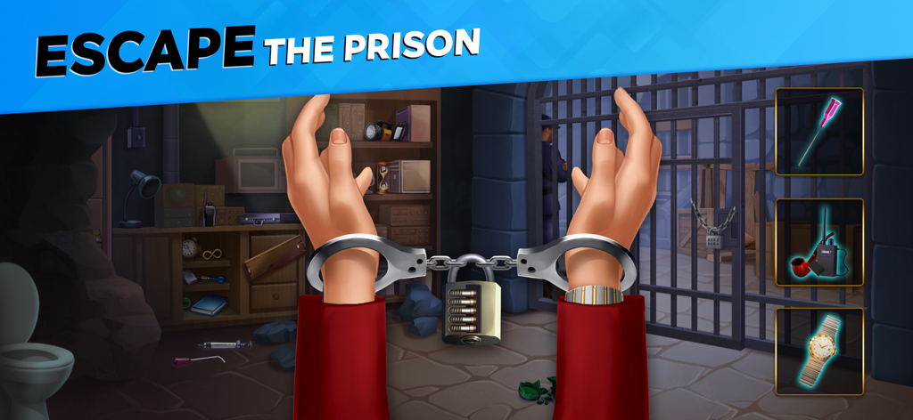 Puzzle Adventure Mysteries - パズルアドベンチャーミステリーゲームの刑務所の場面で、コンビネーションロックが付いた手錠をかけられた手。