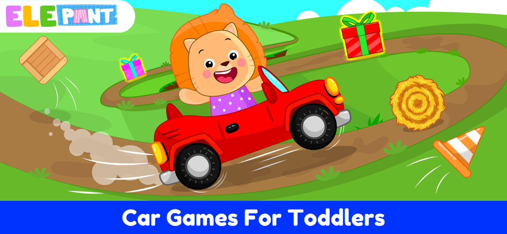 León de dibujos animados conduciendo un coche de carreras rojo en una pista con regalos coloridos