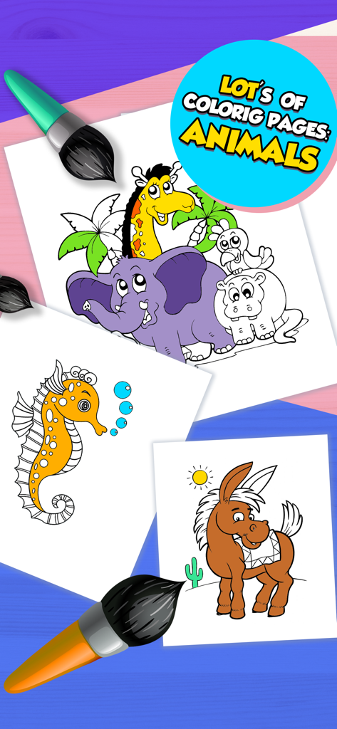 Kids Coloring Book Baby Learn - Uma seleção de páginas para colorir de animais para crianças apresentando um elefante um cavalo-marinho e um burro com pincéis
