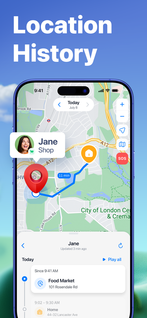 Findo mobile app interface showing a family member location history and movement route on a map