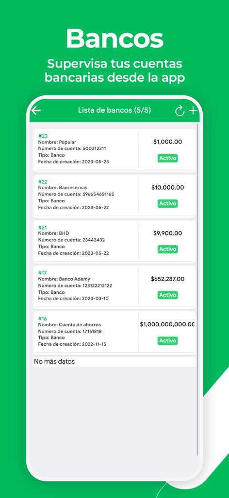 Ventas CLOUD - Interfaz de la aplicación móvil Ventas CLOUD que muestra una lista de cuentas bancarias comerciales con saldos e indicadores de estado activo.