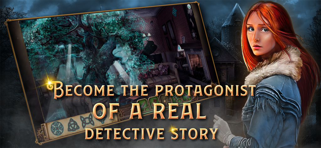 Una mujer pelirroja parada frente a una mansión misteriosa en el juego Panic Room