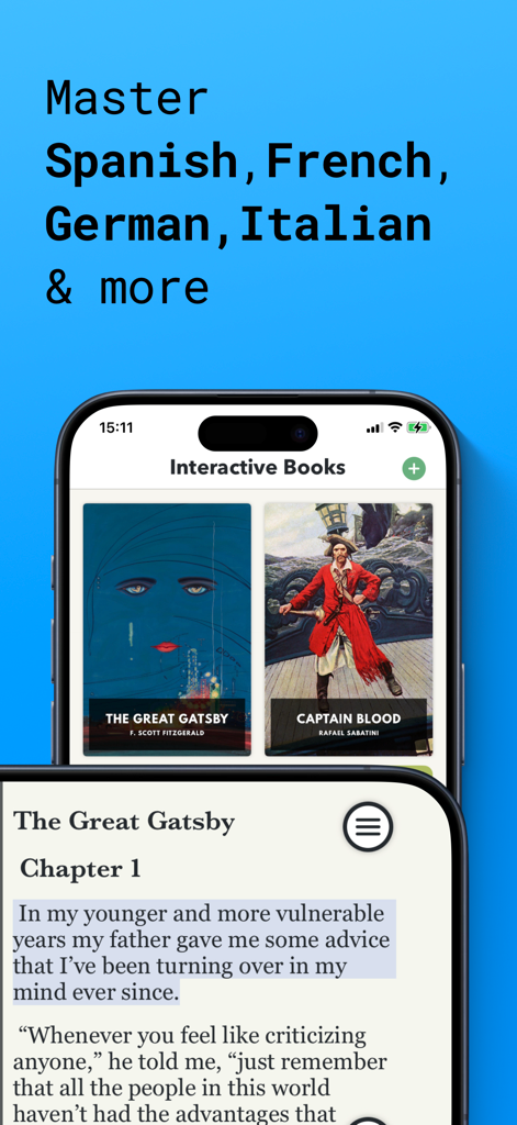 Lingo Books: Spanish Learning - Lingo Books app interface showing interactive bilingual stories for learning Spanish and other languages on a smartphone screen.