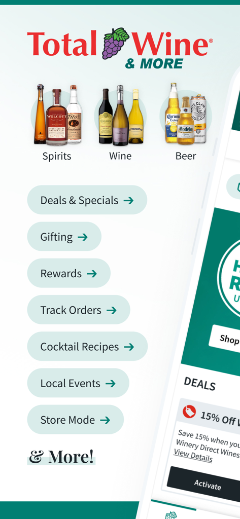 Total Wine & More - Total Wine and Moreモバイルアプリインターフェース。スピリッツ、ワイン、ビールのカテゴリと、セール、特典、カクテルレシピのナビゲーションボタンが表示されます。