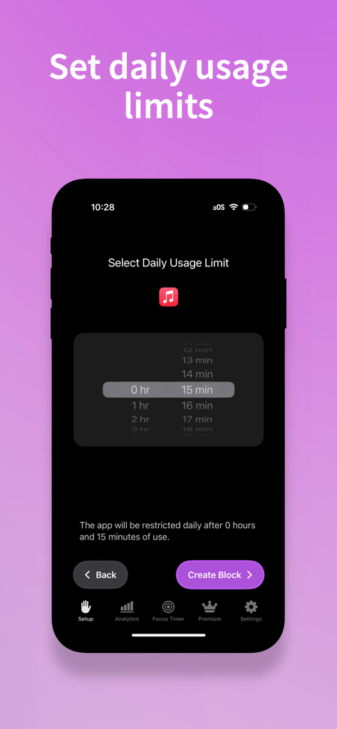 StepBloc: Screen Time Blocker - StepBloc app screen showing daily usage limit selection interface