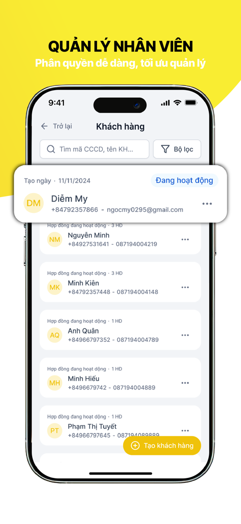 LendMe - Una interfaz móvil de la aplicación LendMe que muestra una lista de clientes de casas de empeño con nombres e información de contacto