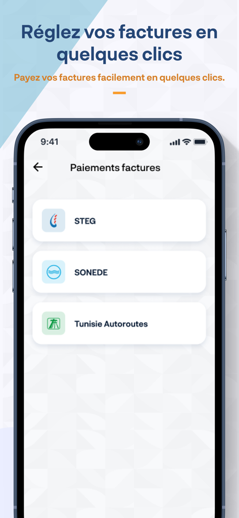MyBIAT - MyBIAT mobile app bill payment interface showing options to pay STEG SONEDE and Tunisie Autoroutes utility bills