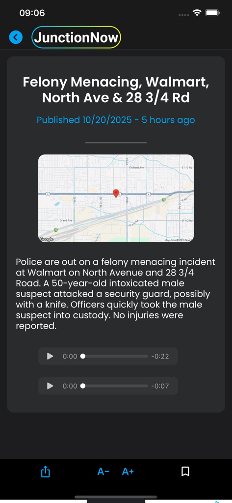 JunctionNow - Local news article in the JunctionNow app showing an incident report with a map and audio scanner clips.