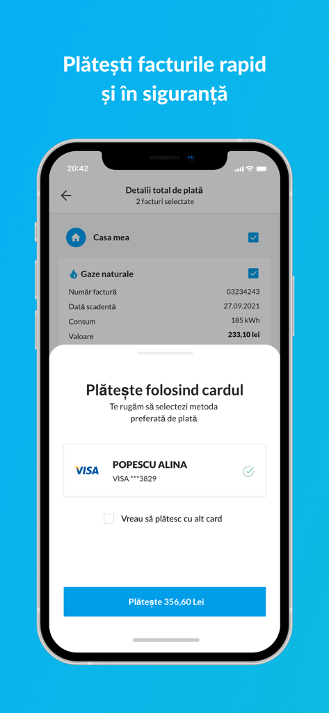 MyENGIE - Screenshot of the MyENGIE app showing a secure utility bill payment screen with gas bill details and credit card options